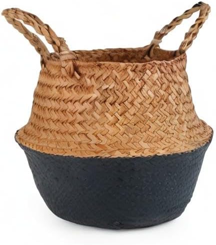 Woven Seagrass Belly Basket for Storage, Laundry, Picnic, Plant Pot Cover, and Grocery and toy storage (Small, Black)