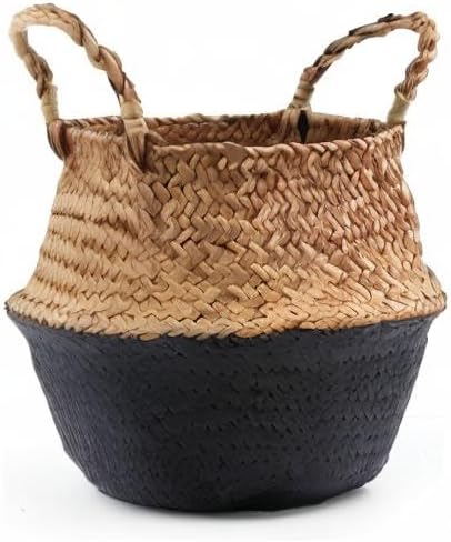 Woven Seagrass Belly Basket for Storage, Laundry, Picnic, Plant Pot Cover, and Grocery and Toy Storage (Black, Large)