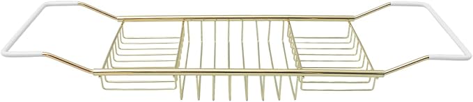 Cabilock Luxury Stainless Steel Bathtub Caddy Tray - 24.8in Expandable Modern Bath Rack for Tub with Wine Glass & Book Holder - Rustproof Shower Organizer & Tablet Stand for Home Spa, Gold