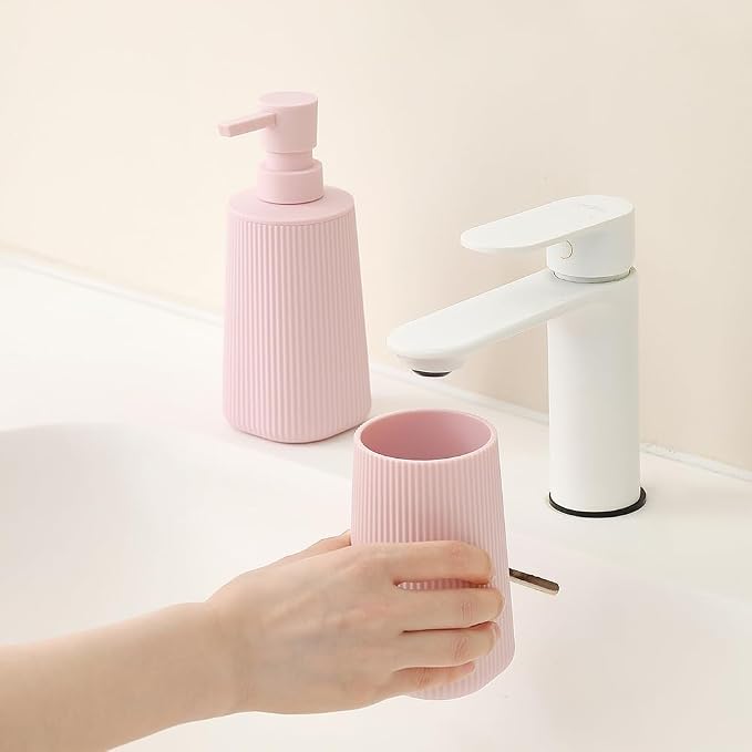 YAUKPH Bathroom Soap Dispenser and Toothbrush Holder Striped Pink | Bathroom Accessories Set 2 Piece for Bathroom Countertop Storage and Decor