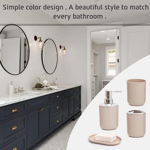 Moss & Stone 6-Piece BeigeBathroom Accessories Set, Soap Dispenser | Modern Plastic Bathroom Set with Toothbrush Holder, Soap Dish, Cup & Trash Can for Countertop Organization and Bathroom Decor