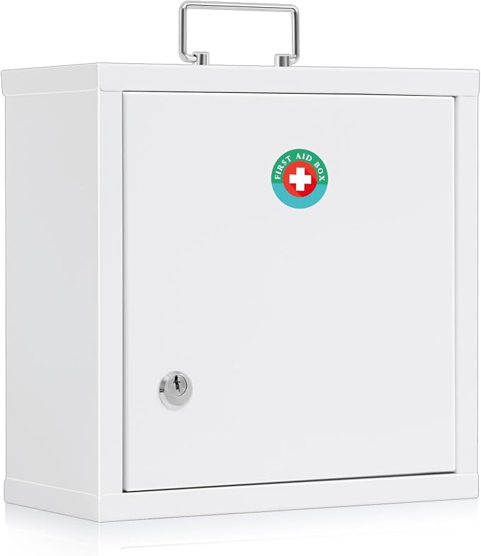 KYODOLED Locking Medication Lock Box with Keys, Wall Mount, White | 10 x 4.7 x 10 inch, steel durability, locking controlled access, child safe out of reach storage, home & first aid use