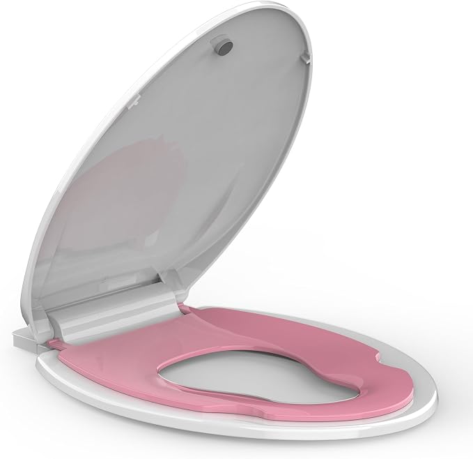 19" Elongated Pink Toilet Seat with Built-In Toddler Potty Training Seat, No Wiggle Design for Child and Adult, Easy to Install with Detachable Seat for Longtime Usage