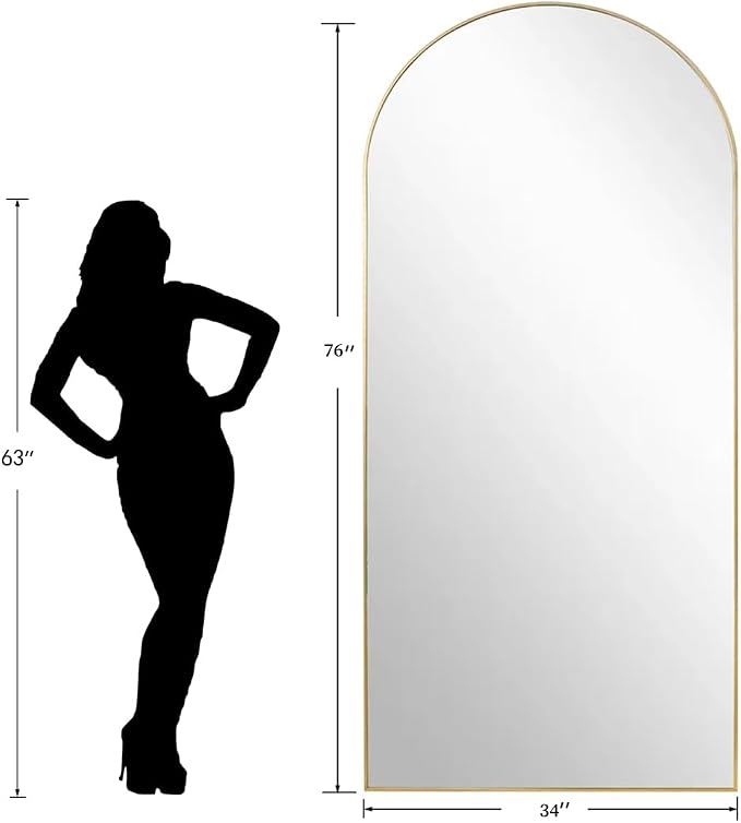 Dewfig Arched Full Length Mirror, 76"x34" Large Floor Mirror, Gold | Aluminum Alloy Frame Full Body Mirror, HD Shatterproof Tempered Glass, Lean/Stand/Wall for Living Room,Bedroom, Dressing Room
