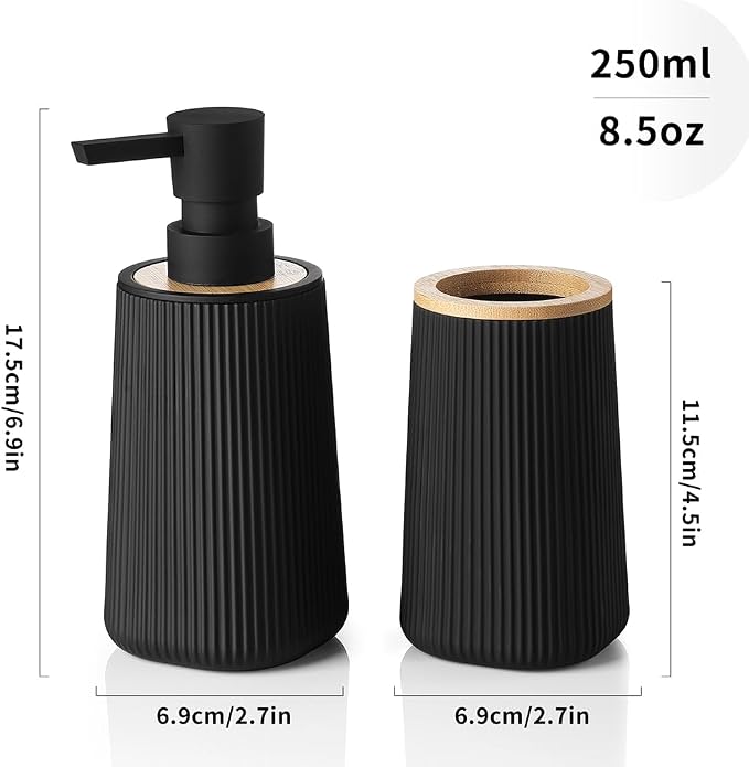 YAUKPH Bathroom Soap Dispenser and Toothbrush Holder Striped Black Bamboo | Bathroom Accessories Set 2 Piece for Bathroom Countertop Storage and Decor