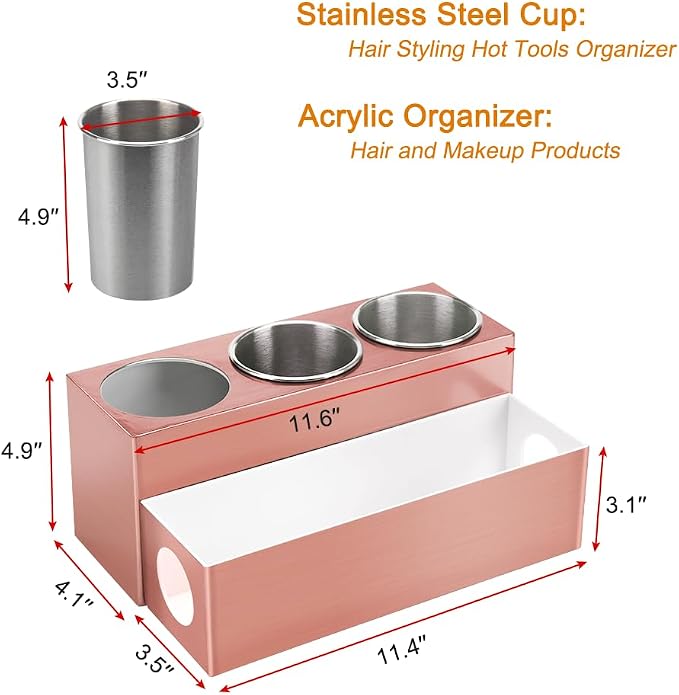 GFWARE Hot Hair Styling Tool Organizer with 3 Stainless Steel Cups, Pink | Bathroom Vanity Organizer Storage, Hair Accessories Tools Organizer Hair Dryer, Blow Dryer, Curling Iron, Flat Iron