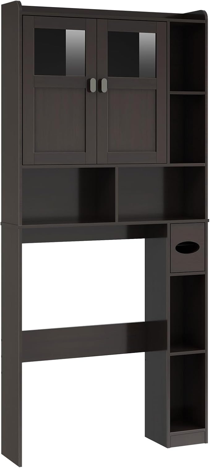 Vabches Over The Toilet Storage Cabinet with Doors and Shelves, Espresso | Freestanding Home Space Save Toilet Rack, with Adjustable Shelves for Restroom, Bathroom, Laundry