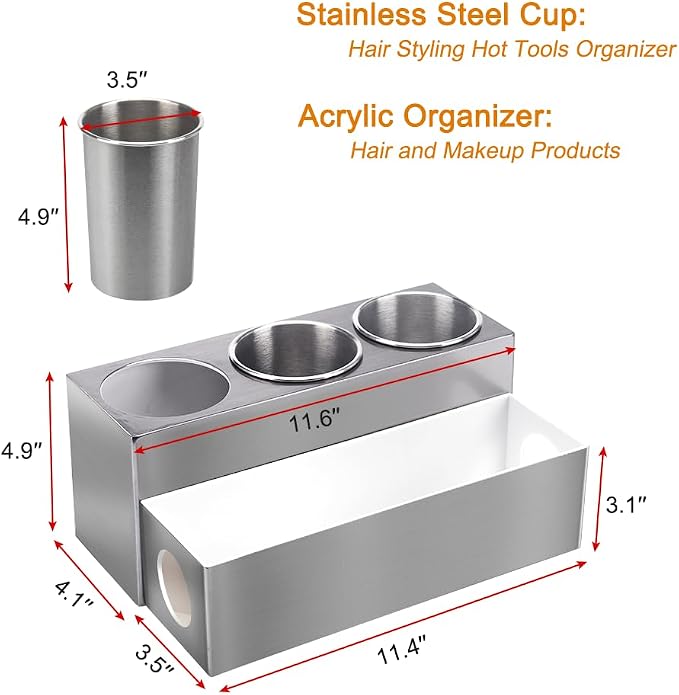 GFWARE Hot Hair Styling Tool Organizer with 3 Stainless Steel Cups, Silver | Bathroom Vanity Organizer Storage, Hair Accessories Tools Organizer Hair Dryer, Blow Dryer, Curling Iron, Flat Iron