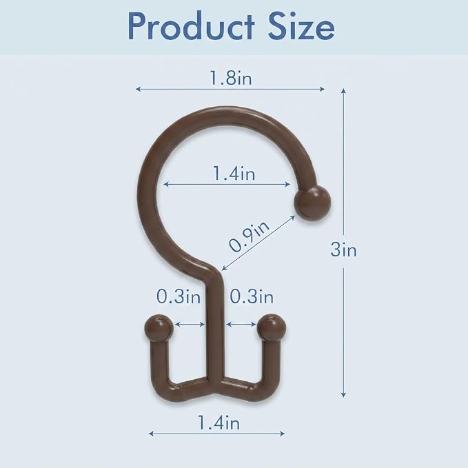Bathway Brown Shower Curtain Hooks, 12 Plastic Double Shower Curtain Rings | Hang Both Shower Curtain & Liner, Waterproof, Rust-proof, Sturdy, Durable, Flexible, Multifunctional, Universal, Easy to Use