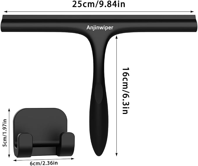 Shower Squeegee for Glass Doors 10 Inch, Black Bathroom Squeegee with Hook | Rust-Proof, Streak Free, All-Purpose Window Squeegee for Shower Glass, Tile Walls, Car, Ergonomic Grip, Silicone Squeegees