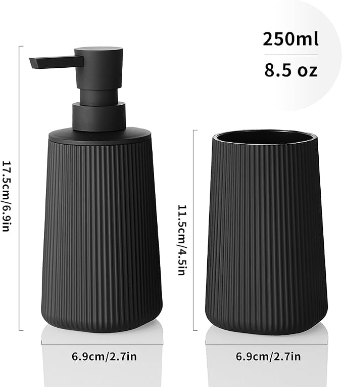 YAUKPH Bathroom Soap Dispenser and Toothbrush Holder Striped Black | Bathroom Accessories Set 2 Piece for Bathroom Countertop Storage and Decor