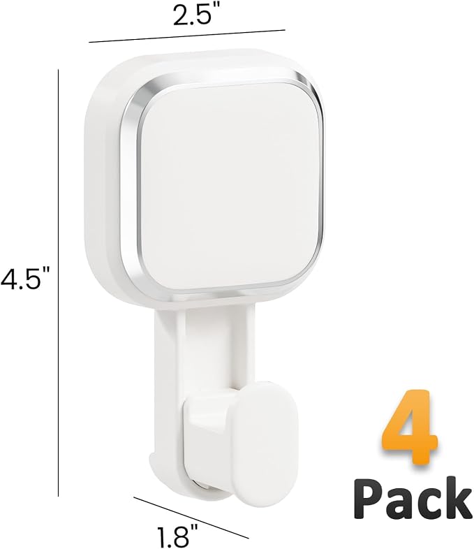 Suction Cup Hooks for Inside Shower 4 Pack, Versatile Powerful Vacuum Suction Shower Holders for Towel, Loofah, Clothes, Damage Free Wall Hanging Bathroom Hooks, Easy to Install, White