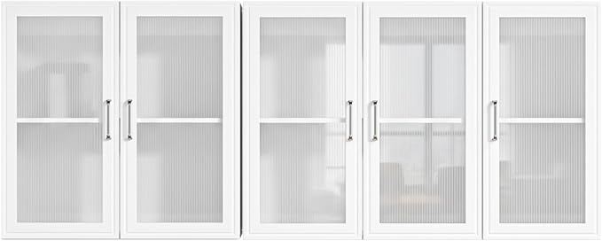 60" W Bathroom Wall Cabinet with Acrylic Glass Doors, Display Cabinet, Kitchen Wall Cabinets with Adjustable Shelf, Laundry Room Wall Mounted Cabinet, Medicine Wall Cabinet with Light (White)