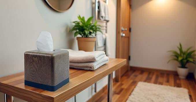 Hymmah Wooden Texture Square Tissue Box Cover Cube Tissue Holder Unique Design Klenex Box Dispenser for Bathroom Vanity Counter Tops Also Great for Bedrooms and Living Rooms