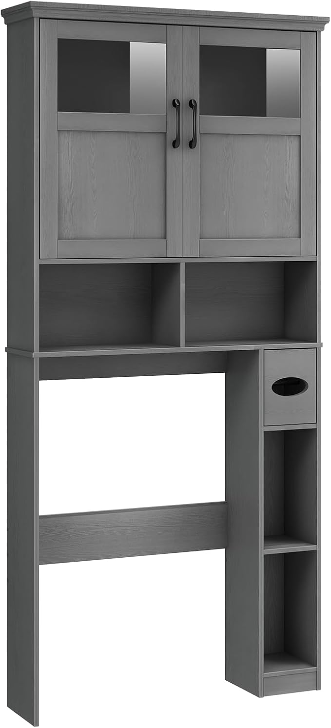 Vabches Over The Toilet Storage Cabinet with Doors & Paper Holder, Ash Grey | Vabches Freestanding Toilet Shelf Space Saver with Anti-Tip Design & Adjustable Shelf or Restroom, Bathroom, Laundry