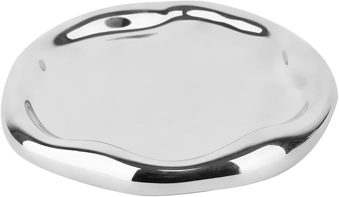 Silver Tray Decorative Vanity Tray Bathroom Tray Ceramic Jewelry Dish | CHENDECOR Silver Round Plate Holder Makeup Tray Home Organizers Irregular Storage Plate Bathroom organizer