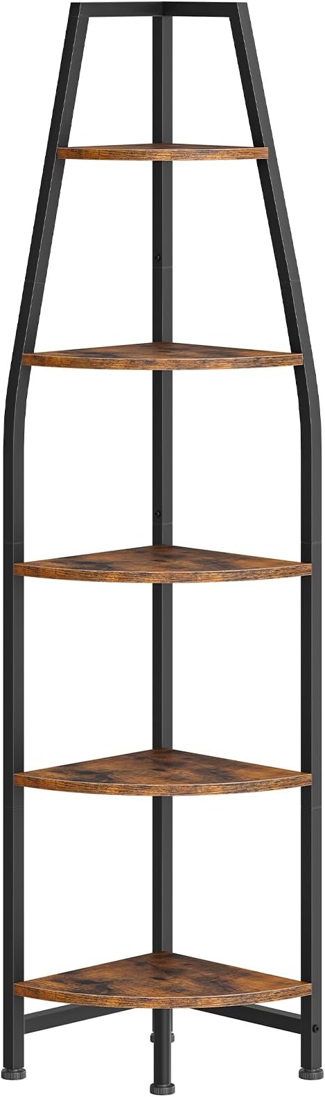 Corner Shelf with Lights, Corner Bookshelf with Metal Frame, 5-Tier Tall Ladder Shelf, Storage Rack for Home Office, Bedroom, Living Room, Rustic Brown and Black TCJ71DBF
