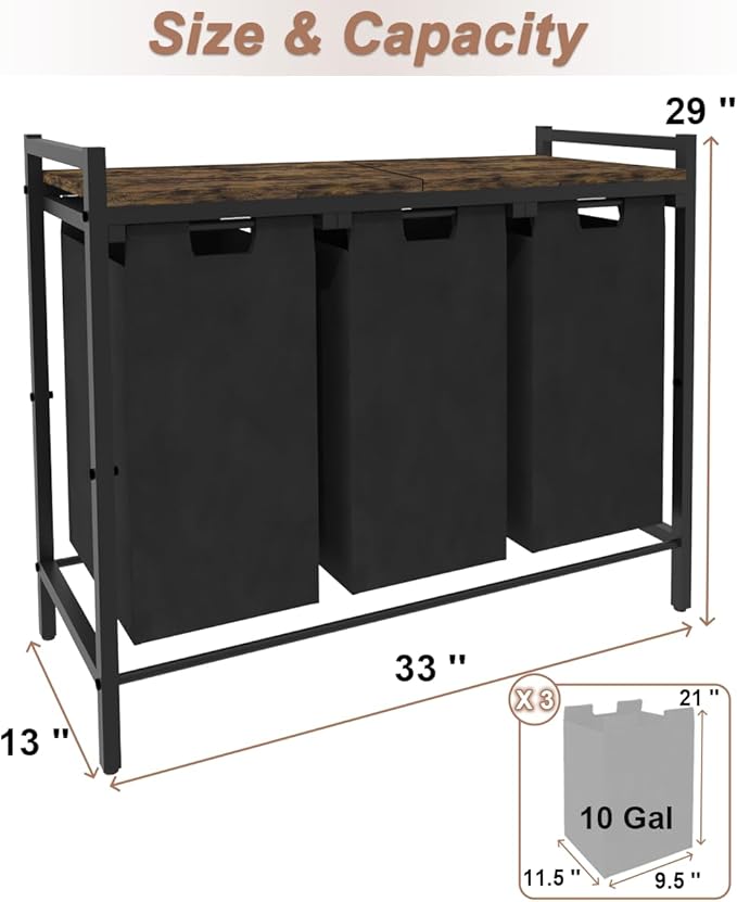 10 x 3 Gal Large Laundry Hamper, Rustic Brown and Black | Freestanding Clothes Basket Organizer with 3 Pull-Out & Removable Sorter Bags for Clothing or Toys in Bathroom & Living Room