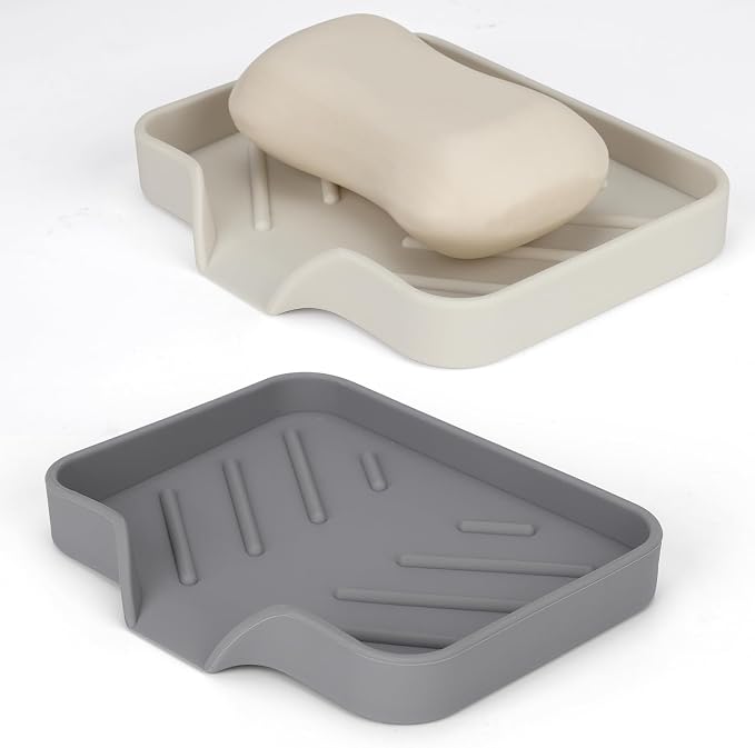 2 Pack Silicone Soap Dish for Shower with Self Draining Grey & Beige White | Soap Holder for Bathroom, Silicone Sponge Holder for Kitchen Sink, Soap Tray for Dispenser, Scrubber, Bottle, 4.7"×3.9"