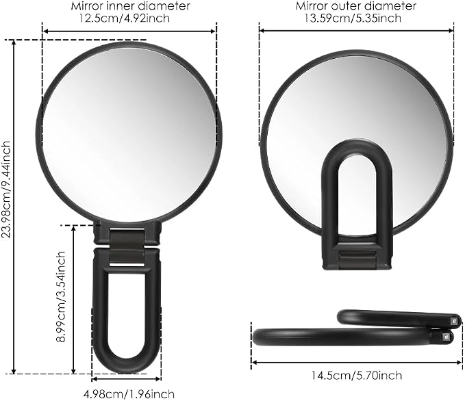 1X 5X Handheld Mirror with Handle for Travel, Magnifying Mirror, Magnification, Rotation Adjustable Handle, Double Sided Folding, Mirror for Women for Eyes Makeup Travel Shaving (Black)
