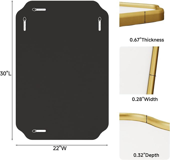 30"x22" Gold Wall Bathroom Mirror, Scalloped Edge Vanity Mirror | Hangs Vertically/Horizontally, Wooden Frame Decorative Mirror, For Vanity, Bedroom & Entryway, Aesthetic Bathroom Decor