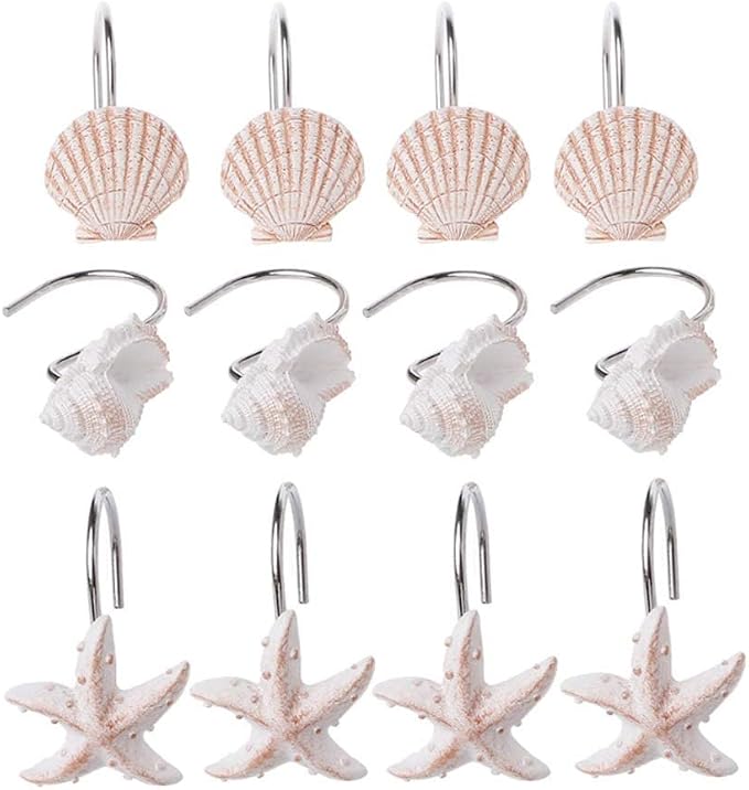 Seashell Shower Curtain Hooks for Bathroom Decorative, 12pcs Anti Rust Decorative Resin Shower Curtain Rings Rods Hooks