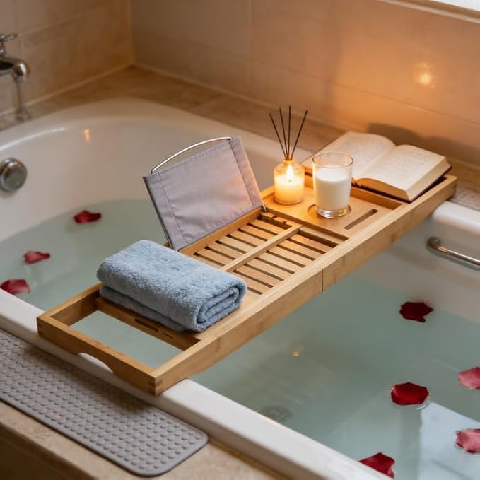 70-105CM Extendable Bamboo Bathtub Tray Caddy with Cup Holder for Spa | Non-Slip Pads, Book Stand, Wine Glass Holder, Fits Most Bath Tubs