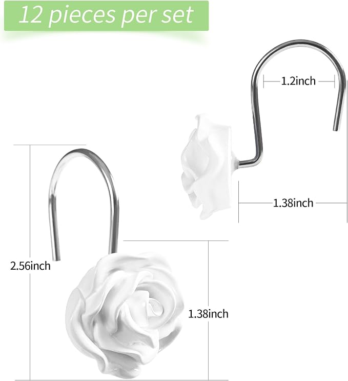 Cute Rose Floral Shower Curtain Hooks Rings for Bathroom,White 12PCS | Metal Rustproof Curtain Hooks Shower Rings,Girls Decorative Flower Bathroom Decor,for Bathroom Shower Rods