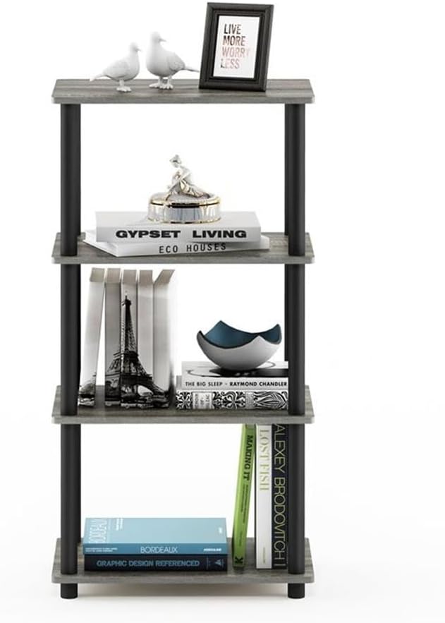Furinno Turn-N-Tube No Tool 4-Tier Storage Shelf, Narrow, French Oak Grey/Black