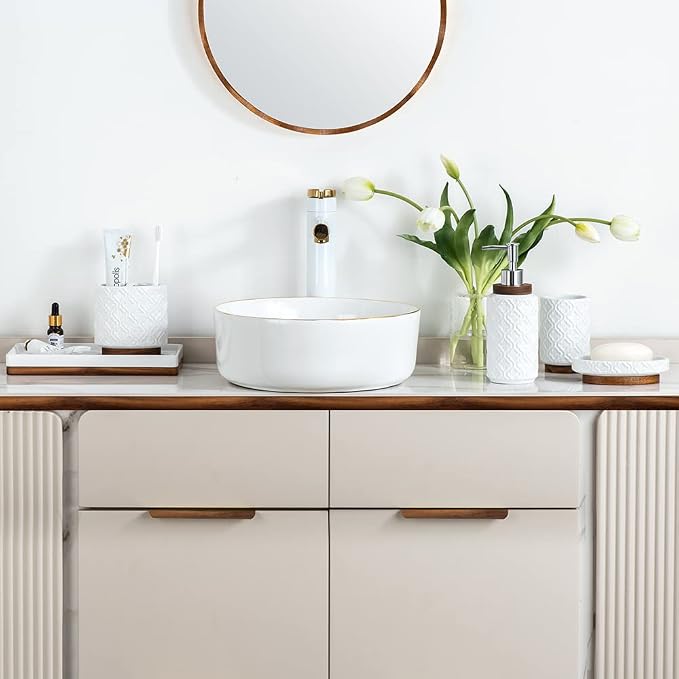RQYIXI Ceramic 6-Piece Bathroom Accessories Set,Cream White,with Tray | ceramic and wood embossed design with Trash Can modern countertop organization