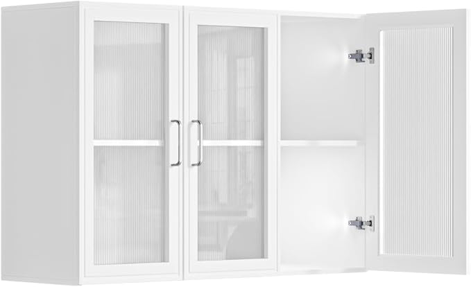 36" W Bathroom Wall Cabinet with Acrylic Glass Doors, Display Cabinet, Kitchen Wall Cabinets with Adjustable Shelf, Laundry Room Wall Mounted Cabinet, Medicine Wall Cabinet with Light (White)