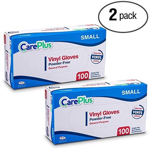 CARE PLUS Clear Vinyl Gloves Small, Latex Free Multipurpose, 200 Count | Powder free disposable protection for food prep, salons & housekeeping; ambidextrous, tear resistant, comfortable snug fit