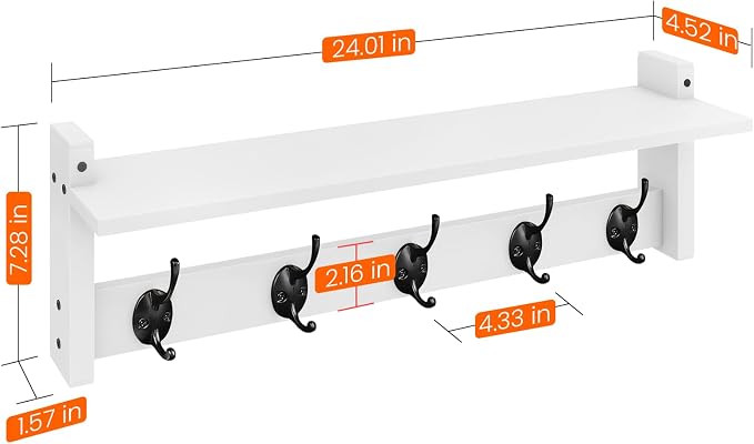 Coat Rack with Shelf Wall Mount, 24 Inch Long Wall Shelf with Hooks Underneath, Wood Hanging Coat Hanger with Hat Shelves for Entryway, Bathroom, Mudroom, White