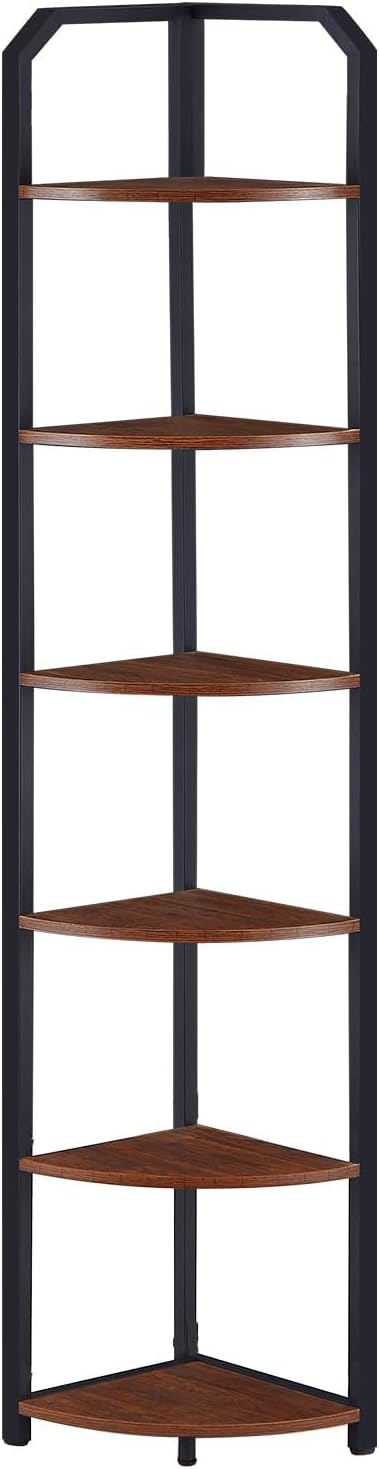 MNEETRUNG 6 Tier Corner Shelf,71" Narrow Corner Bookshelf for Living Room,Bedroom,Brown