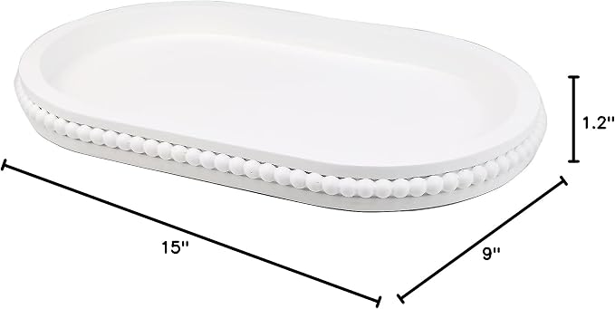 Hrastany Oval Wood Serving Tray with Wooden Beads, Outdoor Farmhouse Decorative Tray for Ottoman, Coffee Table, Kitchen Counter Organizer, Home Decor(White)