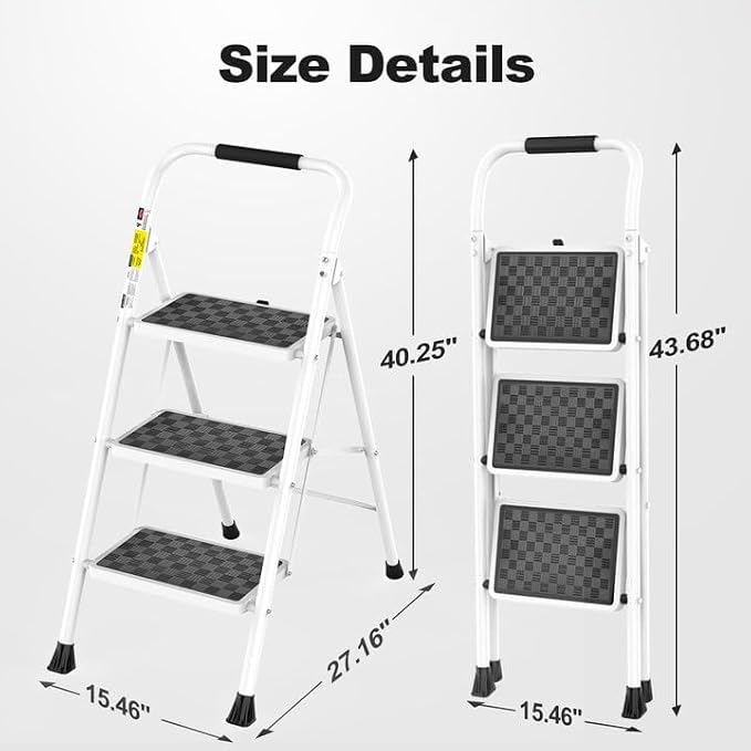 HBTower 3 Step Ladder, 3 Step Stool for Adults Folding Step Stool | with Cushioned Handle with Wide Anti-Slip Pedal Ergonomic Design