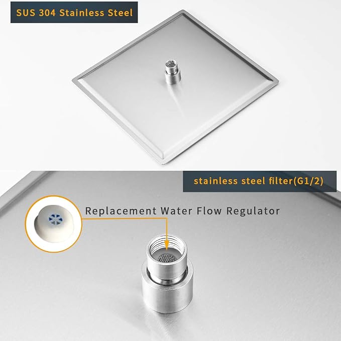 12" Rain Shower Head High Pressure Rainfall Shower Head Brushed Nickel | Square Rain Bathroom Showerhead, High Flow, Large Stainless Steel, Ceiling Mounted, Wall Mounted, Waterfall Full Body