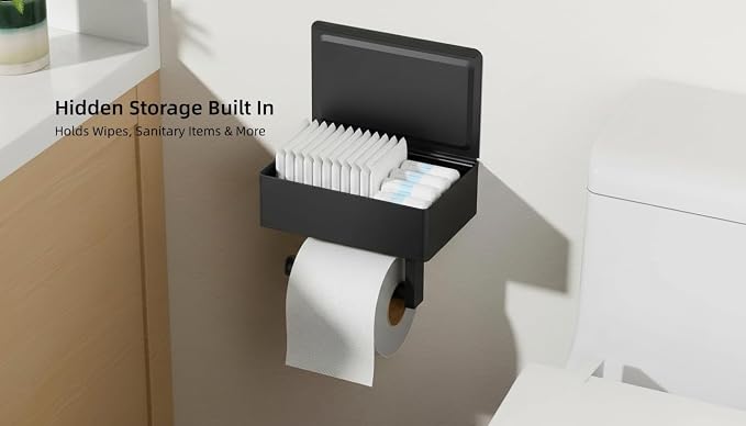 FORIOUS Toilet Paper Holder with Shelf, Wall-Mounted Modern Wipes Dispenser | Matte Black | Toilet Paper Holder with Storage | Flushable Wipes Dispenser for Bathroom | Sanitary Napkin Tampon Holder