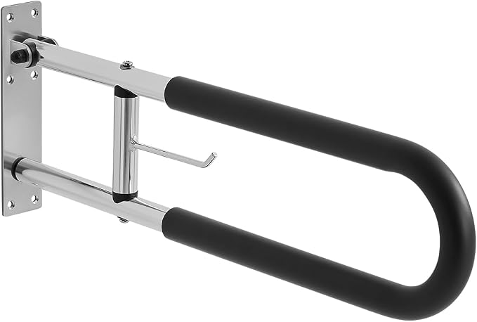 VEVOR Toilet Safety Rail, 30 Inch U-Shaped Handicap Grab Bar, Foldable Senior Safety Pole, Flip Up Toilet Grab Bars with Anti-Slip Handle, 300 Lbs Load Capacity Security Handrail with Paper Holder