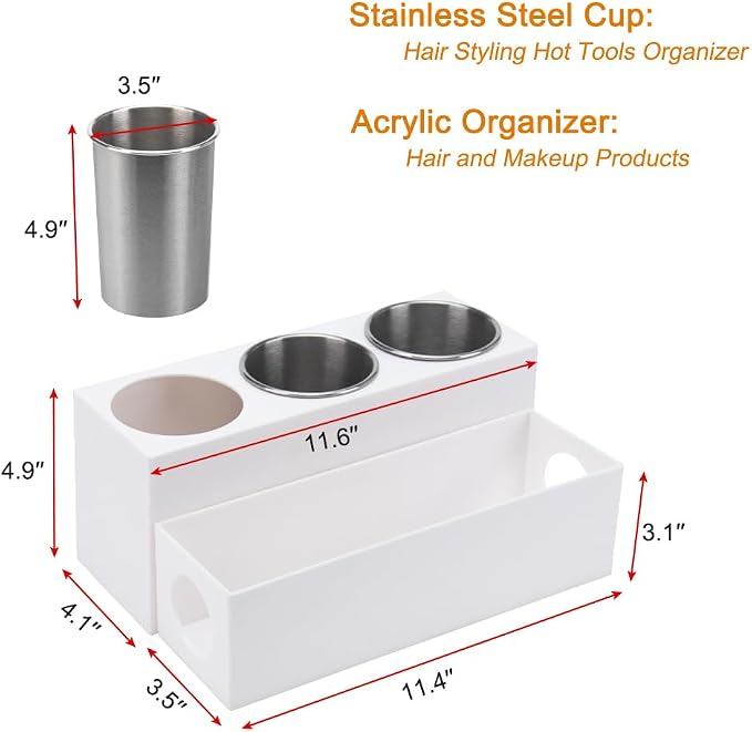 GFWARE Hair Tool Organizer with 3 Stainless Steel Cups, Cooling Hot Tools | Bathroom Vanity Storage, Hair Styling Accessorier Hair Dryer, Blow Dryer, Curling Iron, Flat Iron, Hair Straightener