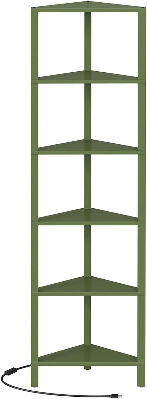 TUTOTAK Corner Shelf with LED Light, 6-Tier Corner Bookshelf | for Small Space, Narrow Display Corner Shelf Stand with Storage Rack, for Living Room, Bedroom, Olive Green BS05BOG006L
