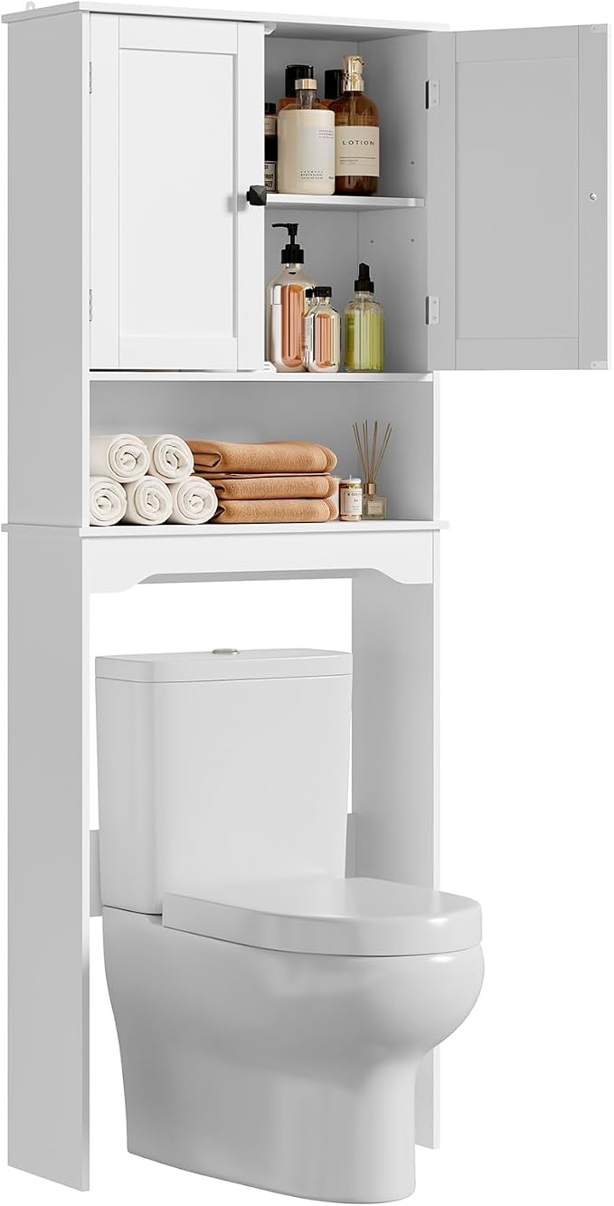 RRX Over The Toilet Storage Cabinet, Bathroom Above Organizer (Pure White) | Free Standing Toilet Rack with Adjustable Shelf and Open Storage, Double Doors, Space Saver, 24.8" L x 9.1 "W x 65.7 "H