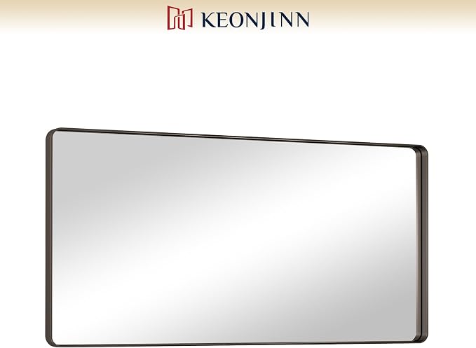 Keonjinn 48 x 24 Inch Black Bathroom Mirror, Tempered Glass Vanity Mirror | Sandblasted Finish, Matte Black Mirror, Anti-Rust, Seamless Aluminum Frame, Rounded Rectangle, French Cleat Mount, Home Décor