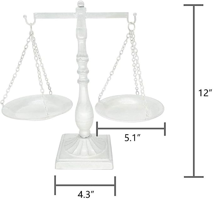 Owlgift Vintage Metal Libra Jewelry Towers Display Cosmetic Organizer Storage, Scale Centerpiece Stand, Antique Jewelry Storage, Farmhouse Candleholder Display – White, 12“ W x 12“ H