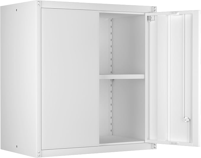 Wall Cabinet,Metal Wall Cabinet for Garage with Lock,Metal Locking Storage Cabinet with Adjustable Shelf for Kitchen,Home Office,White