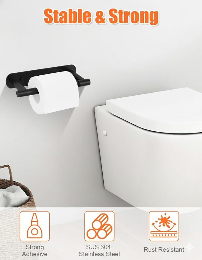 YUET Toilet Roll Holder, Self Adhesive or Screw in Wall Mounted Options, Double Post Pivoting Tissue Roll Holder, Stainless Steel Rustproof Stick On No Drilling Wall Mount for Bathroom, Matte Black | Double Swivel Toilet Roll Holder for Bathroom and To...