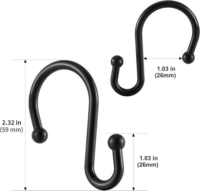 Metal Shower Curtain Hooks, Rust Proof Shower Curtain Rings, Black Shower Curtain Hooks for Bathroom, S Shaped Decorative Shower Hooks Hangers for Shower Curtain Rod,Set of 12