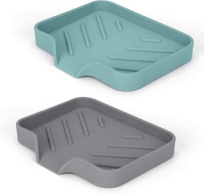 2 Pack Silicone Soap Dish for Shower with Self Draining Gray & Teal | Soap Holder for Bathroom, Silicone Sponge Holder for Kitchen Sink, Soap Tray for Dispenser, Scrubber, Bottle, 4.7"×3.9"