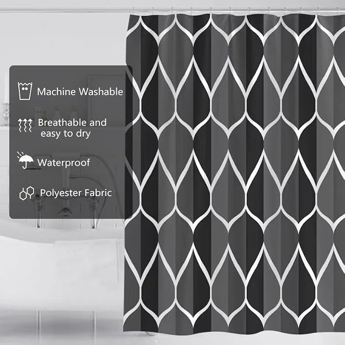 LLSCL Fabric Shower Curtain Liner with Magnets, Black Grid Waterproof Hotel Quality, 72 x 72 Machine Washable