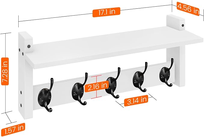 Wall Shelf with Hooks, Coat Rack Wall Mount with Pegs, Hanging Entryway Coat Hanger, Wood and Iron Shelf for Bathroom, Hallway, Bedroom, White